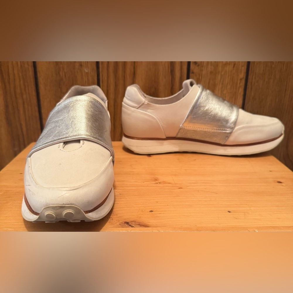 Woman RAG & BONE white Silver Dylan Elastic Slip on Sneaker Shoe Sz 37 7 Leather